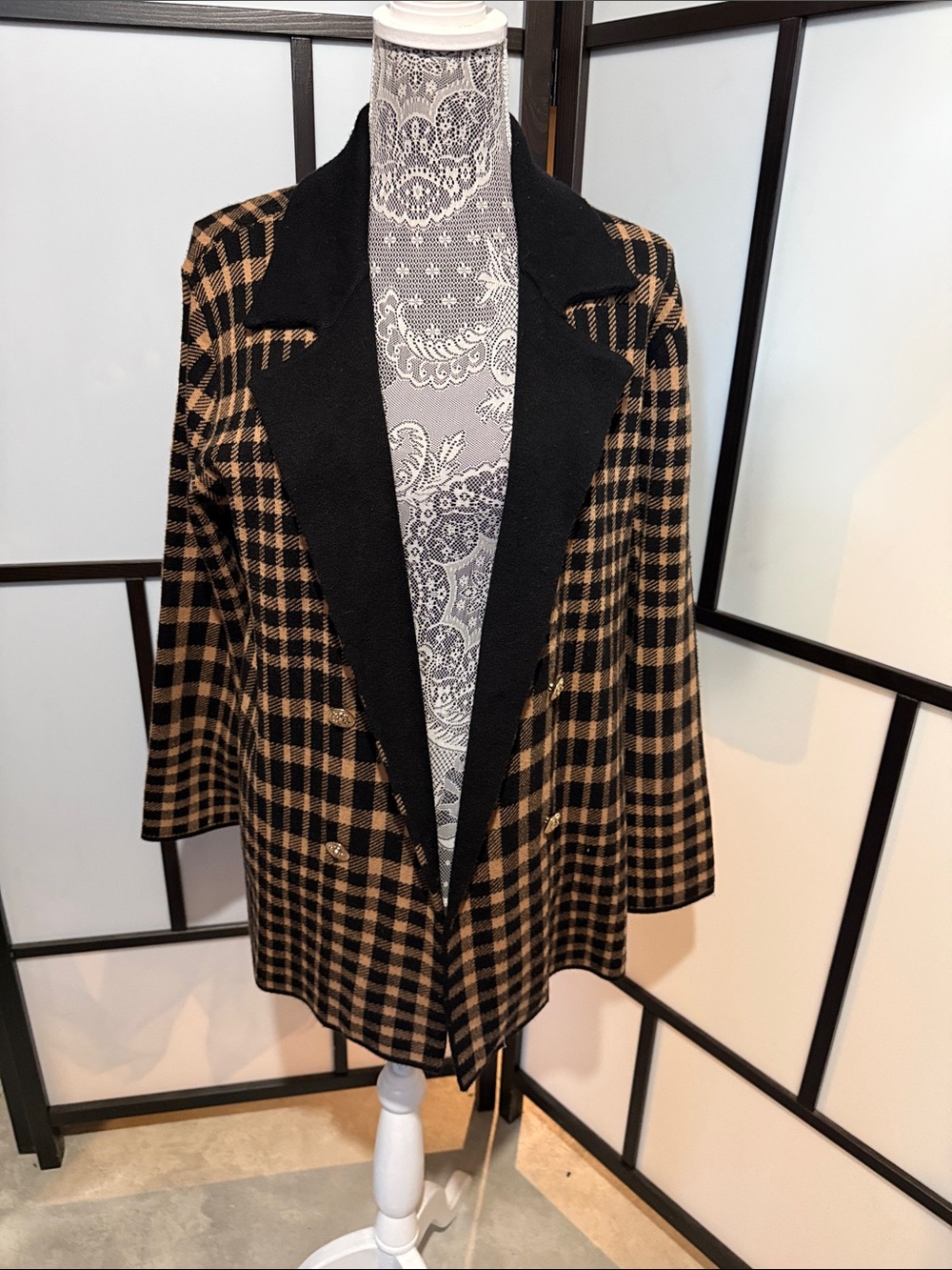Anne Klein Black and Tan Checked Double-Breasted Blazer with Black Notch Lapel